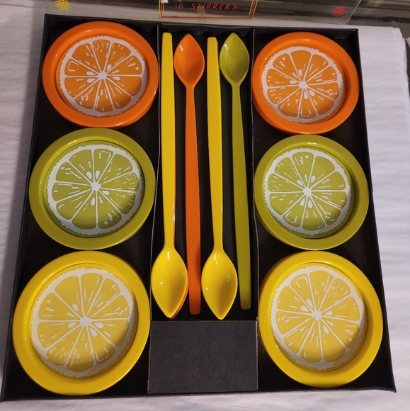 Retro 1969 Fruit and Frappe Summer Coasters and Stirrers Gift Set Made in USA - Picture 1 of 9